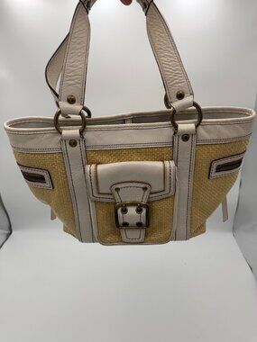 Coach Natural Straw White Leather Tote